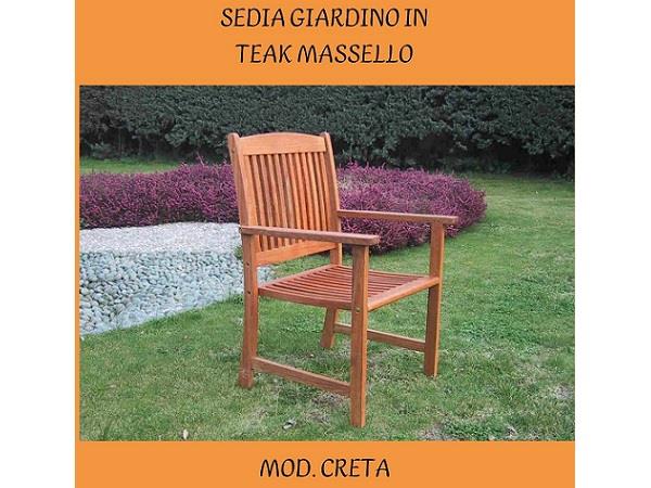 SEDIA POLTRONCINA FISSA CRETA CON BRACCIOLI IN LEGNO TEAK MASSELLO THAILANDESE